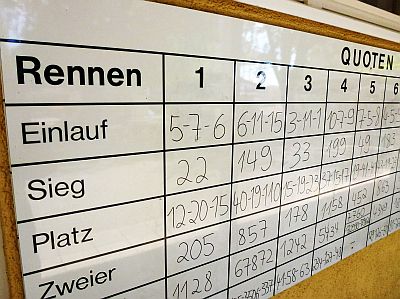 Tafel mit Quoten und Ergebnissen von Wettrennen